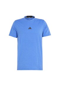 Blauw sport T-shirt met korte mouwen, ronde hals, gemaakt van een zachte stof, met een klein zwart Adidas-logo op de borst.
