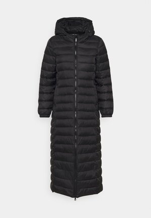 Schwarze Daunenjacke mit Kapuze, mit einem durchgehenden Reißverschluss, gerippten Bündchen und gestepptem Design. Weiches, isoliertes Material. Lange Silhouette.