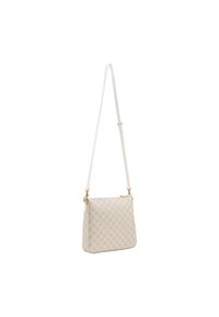 Crossbody bag in light beige patterned material, featuring a smooth texture, gold hardware accents, and a slim adjustable strap.