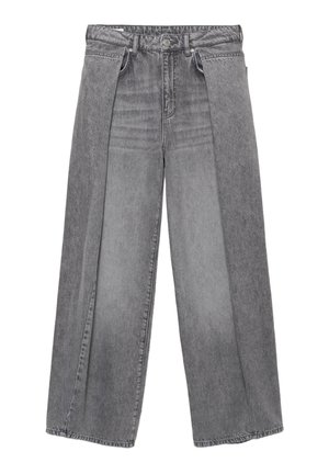 Sive bermude od trapera širokih nogavica s visokim strukom, prednjim zatvaračem na kopču i patentni zatvarač te bočnim džepovima.