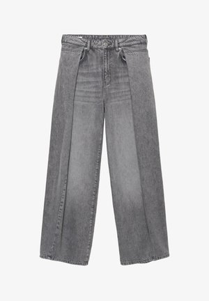 Jean en denim gris à jambes larges avec taille haute, fermeture à bouton et zip à l'avant, et poches latérales.