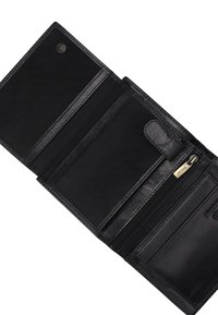 Czarny skórzany portfel z wieloma przegródkami, w tym miejscami na karty, zapinaną na zamek sekcją oraz podszewką z teksturowanej tkaniny. Metalowe zapięcie na zatrzask.