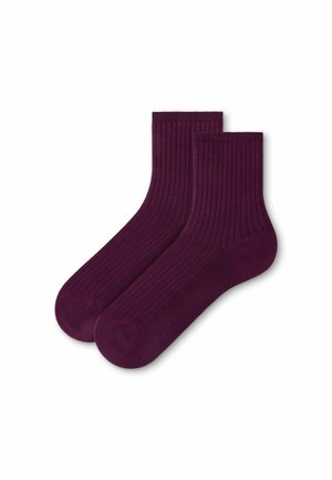 Pair of ribbed purple ankle-length socks displayed on white background.