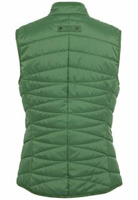 Gilet isolant vert avec un col haut, design sans manches, motif matelassé et deux accents de boutons dans le dos. Texture lisse.