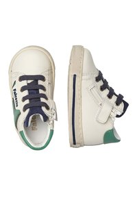 Sneaker bianchi in pelle con lacci blu navy, accenti verdi e chiusura a strappo. Suola testurizzata e design a punta tonda.