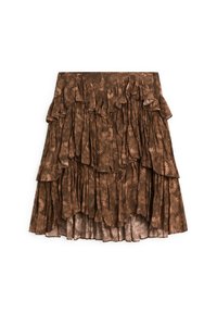 Gonna tiered marrone realizzata in tessuto leggero, con un motivo floreale, design a volant e una vita elastica per il massimo comfort.