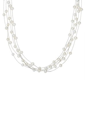 Multi-strand necklace featuring white pearls on thin silver wires, with varying sizes of pearls creating a delicate, layered design.