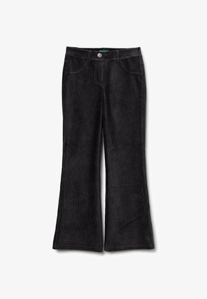 Schwarze Corduroyhosen mit Schlag, Knopfverschluss, Vordertaschen und genähten Nähten, die über eine weiche Textur und einen weiten Beinausschnitt verfügen.