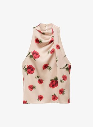 Bezramenná blúzka v svetlej béžovej látke s jemnou, voľne strihanou textúrou. Obsahuje potlač červených ruží a uzáver na gombík na zadnej strane.