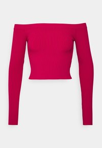 Top de manga larga y sin hombros en tejido de canalé rosa brillante; diseño ajustado con superficie texturizada y longitud recortada.