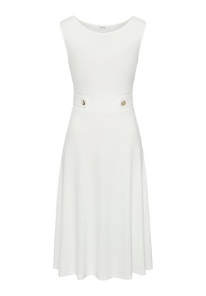 Sleeveless white midi dress with fitted waist featuring two silver buttons, round neckline, and gently flared skirt.