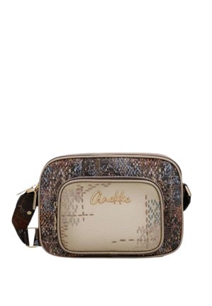 Borsa a tracolla rettangolare con tasca frontale beige e motivo lavorato multicolore, logo dorato "Anekke" e tracolla scura regolabile con parti metalliche dorate.