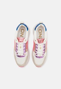 Multicolored athletic shoes featuring mesh, leather, and synthetic materials; prominent purple, pink, and blue accents; textured panels; white laces.