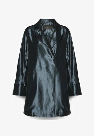 Sort skinnende satin langærmet frakke med brede revers, enkelt knaplukning og ELENA MIRO-mærke indeni kraven.