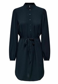 Mörkblå långärmad klänning med hög krage, knäppning fram och knytet i midjan. Sl ät textur med plisserade ärmar och en avslappnad passform.