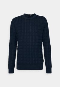 Marineblauwe gebreide trui met een gestructureerd patroon, ronde halslijn, en geribbelde manchetten en boord. Gemaakt van een zachte stofmix voor warmte.
