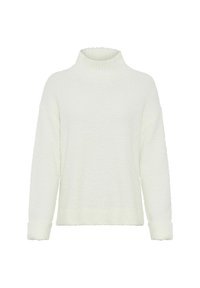 Weißer, weich strukturierter Rollkragenpullover mit langen Ärmeln sowie gerippten Bündchen und Saum, vor einem schlichten weißen Hintergrund präsentiert.