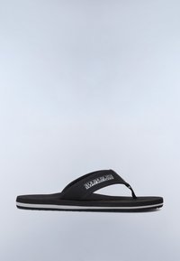 Infradito nero con suola a strisce bianche e cinturino in tessuto con il marchio "Napapijri" su sfondo grigio.