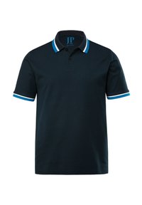 Navy polo shirt with a soft texture, featuring a three-button placket, embroidered logo, and contrasting white and blue striped cuffs.