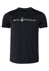 Černé bavlněné tričko s kulatým výstřihem, krátkými rukávy a výrazným bílým logem "SAIL RACING" na přední straně. Hladká textura.