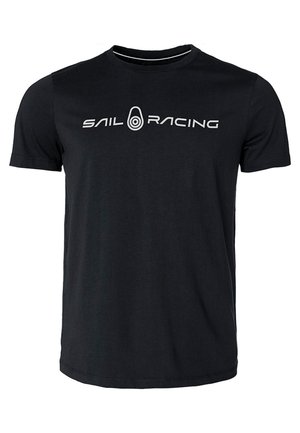 Camiseta de algodón negra con cuello redondo, mangas cortas y un destacado logo blanco de "SAIL RACING" en la parte frontal. Textura suave.