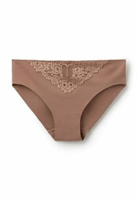 Braunes Unterwäsche-Set aus weichem Stoff mit Spitze am Vorderteil. Die Spitze weist florale Muster und ein strukturiertes Design auf.