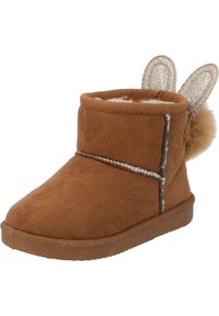 Brun stövel tillverkad av mjukt tyg med en texturerad yta. Har fluffig foder, glittriga kaninöron och en pom-pom detalj på baksidan.