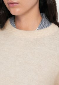 Beige striktrøje med rund hals, lagdelt over en marineblå og hvid ginghamternet skjorte. Teksturen er blød med et let pjusket udseende.