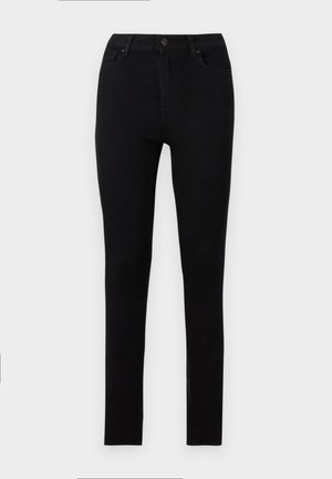 Jean skinny noir en denim extensible. Comprend une fermeture éclair et cinq poches avec une texture lisse et uniforme, sans motifs visibles.