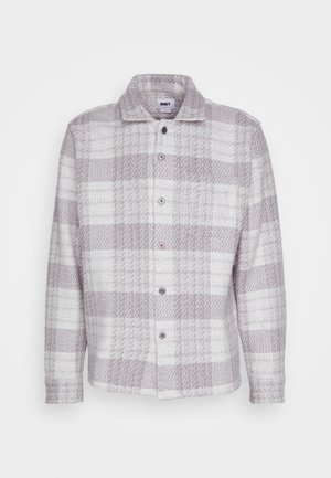 Camicia a quadri grigia e bianca, con colletto, maniche lunghe e tessuto testurizzato con un motivo sottile.