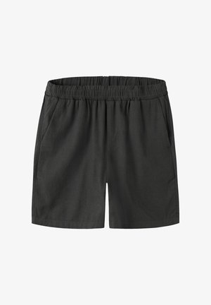 Pantalones cortos casuales negros con cintura elástica y bolsillos laterales, hechos de tela ligera.