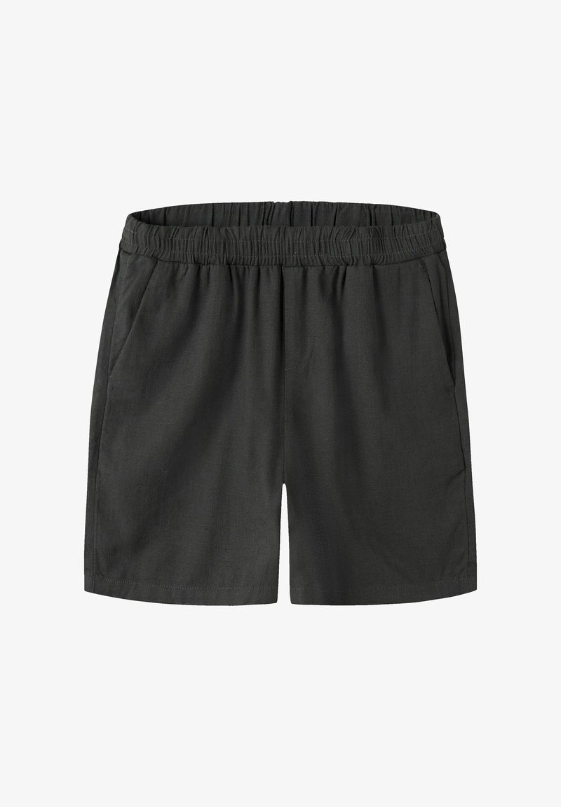 Shorts noirs décontractés avec taille élastique et poches latérales, fabriqués en tissu léger.