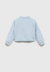 Ljusblå kortärmad tröja i mjukt material. Har puffade detaljer på ärmarna och en rund halsringning. Slät yta överlag.
