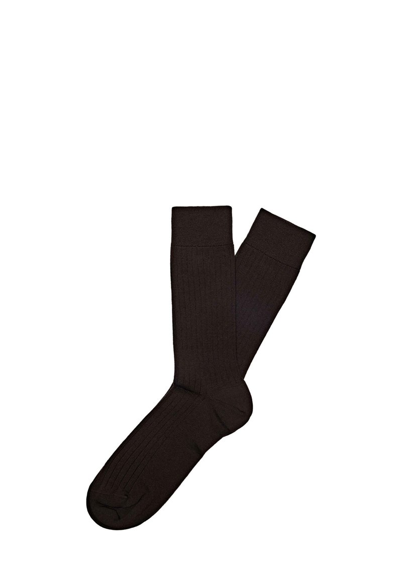 Chaussettes noires côtelées avec une texture lisse, arborant une hauteur classique de mi-mollet et un orteil renforcé, conçues pour le confort et la durabilité.