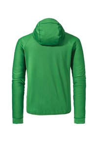 Grüne Kapuzenjacke aus einem strukturierten, glatten Stoff, mit langen Ärmeln und einem klaren Rückendesign ohne sichtbare Verschlüsse oder Muster.
