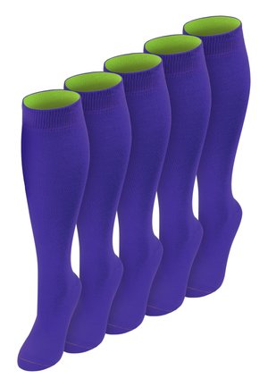 Fünf Paar knielange Kompressionssocken in lebhaftem Violett mit limonengrüner Innenfütterung, aufrecht nebeneinander angeordnet.