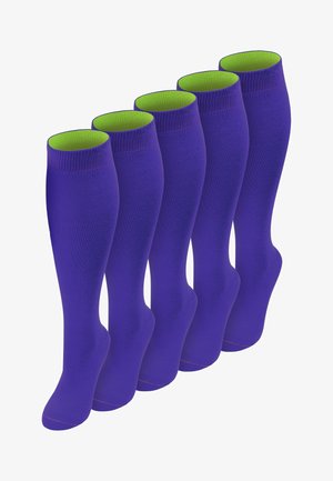 Fünf Paar knielange Kompressionssocken in lebhaftem Violett mit limonengrüner Innenfütterung, aufrecht nebeneinander angeordnet.