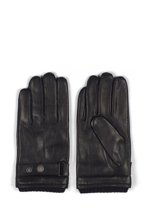 Guantes de cuero negro con cinco dedos, una correa decorativa con un botón a presión y un puño de punto acanalado para mayor calidez.