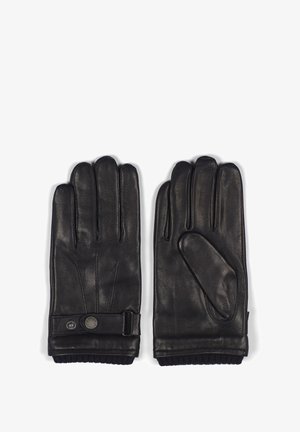 Gants en cuir noir avec cinq doigts, une sangle décorative avec un bouton-pression et un poignet en tricot côtelé pour la chaleur.