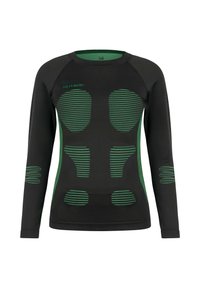 Black long-sleeve shirt with green striped accents, featuring a fitted design and textured fabric. Side panels enhance mobility.