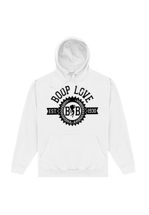 Biała bluza z kapturem z czarnym nadrukiem graficznym, na którym widnieje napis "BOOP LOVE" z motywem laurowym oraz tekstem "EST. 1930" na środku.