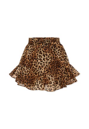 Gonna svasata con stampa leopardata, vita elasticizzata e orlo arricciato in tonalità di marrone e nero su sfondo beige.