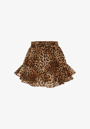 Jupe évasée à imprimé léopard avec ceinture élastique et ourlet à volants, dans des nuances de brun et noir sur fond beige.