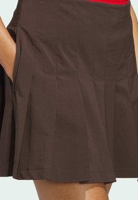 Brown pleated skirt featuring side pockets. Fabric has a smooth texture with a classic silhouette, hem falls slightly above the knee.