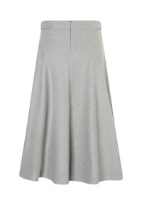 Hellgrauer A-Linien-Rock mit dezenter Textur, Reißverschluss auf der Rückseite und verstellbaren Seitentabs am Bund.