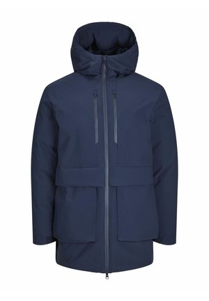 Navy waterproof jacket with a high collar, zip front, two chest pockets, and a sleek, minimalist design. Features a spacious hood and smooth texture.