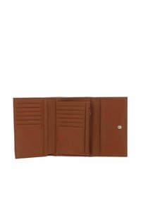 Portafoglio in pelle marrone con superficie texturizzata, numerosi scomparti per carte, vano con zip e chiusura a scatto. Design compatto e funzionale.