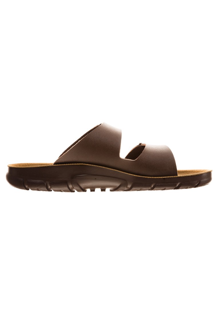 Brown slide sandal with two wide upper straps, cushioned footbed, textured sole, and a minimalist design for comfort and support.