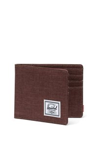Portafoglio in tessuto marrone con molteplici slot per carte, bordi cuciti e un'etichetta bianca con il logo Herschel sulla parte anteriore. Design semplice e pratico.