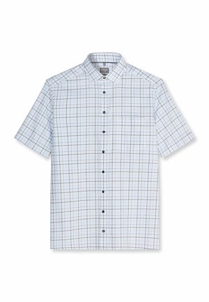 Camicia bianca a maniche corte con bottoni, motivo a griglia blu e nero e taschino sul petto, stesa su sfondo bianco.